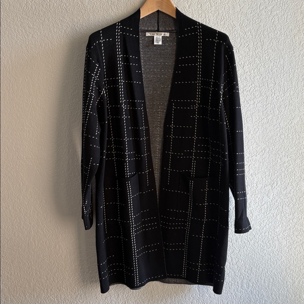 Max Studio Long Open Cardigan Women’s Size XL Black White Heavy Knit